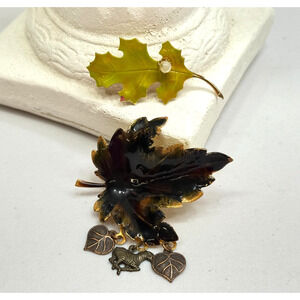 Vintage Leaf Brooch set of 2 Gold Tone Black Green w charms, faux pearl estate